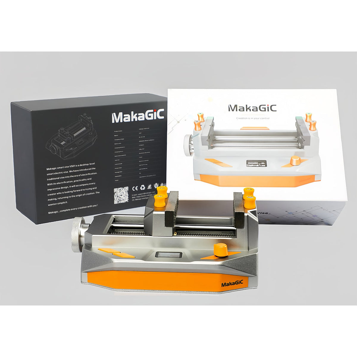 Makagic VS01 Electric Clamping Vise with Smart Vise technology, offering secure clamping and long-lasting battery for accurate DIY and professional projects.