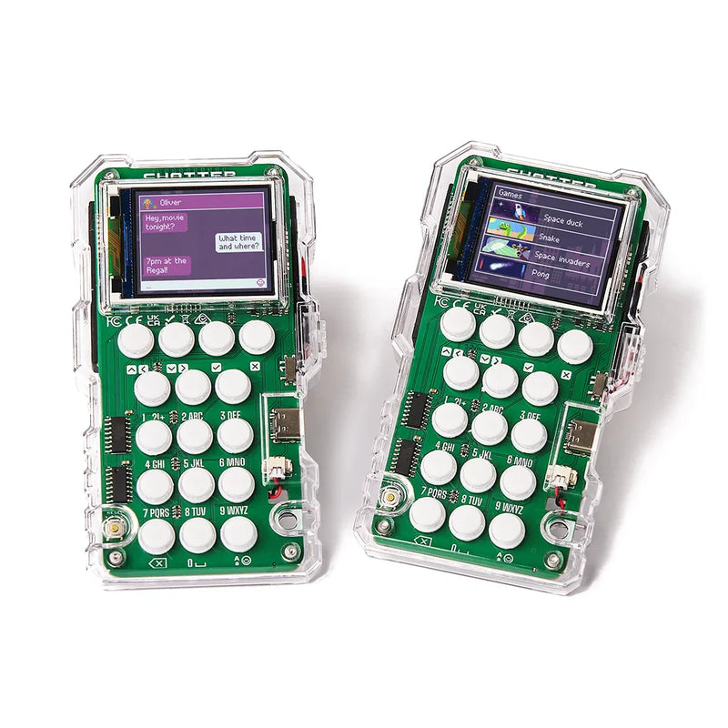 Two green electronic devices with buttons and screens on a white background