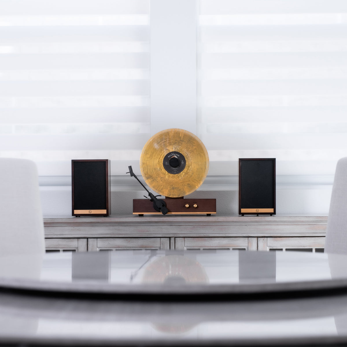 mid-century modern style record player with speakers