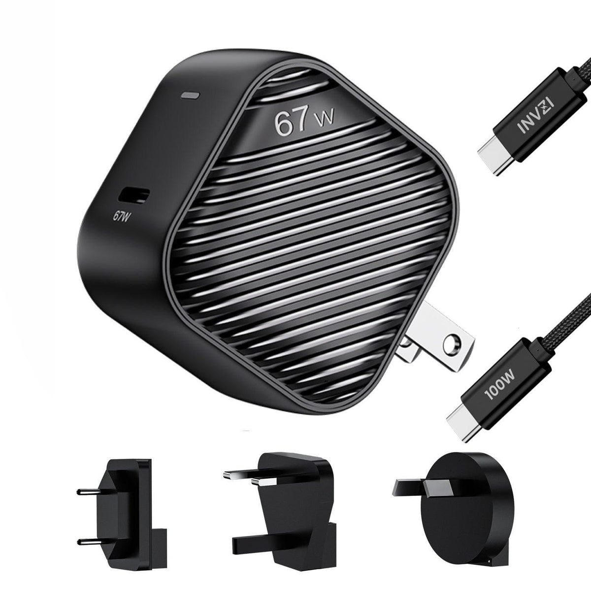 INVZI Power Adapters &amp; Chargers GaNHub 67W with UK/EU/AU Travel Adapters INVZI GaNHub 67W GaN USB-C Charger with 100W Cable (GaNHub 67W)