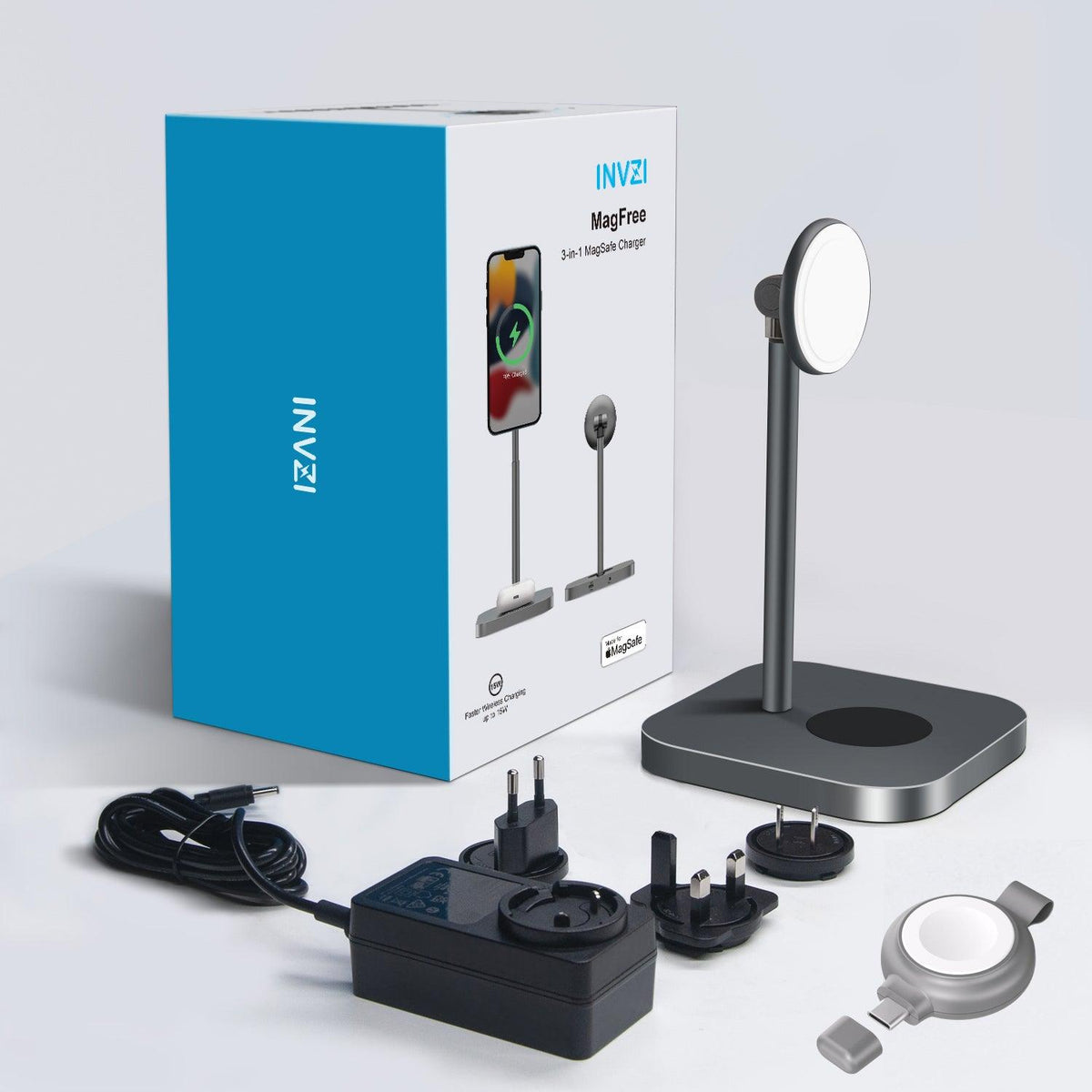 MagFree Elevate: The Height-Adjustable 3-in-1 Wireless Charging Station for iPhone 15 MFi Certified - INVZI